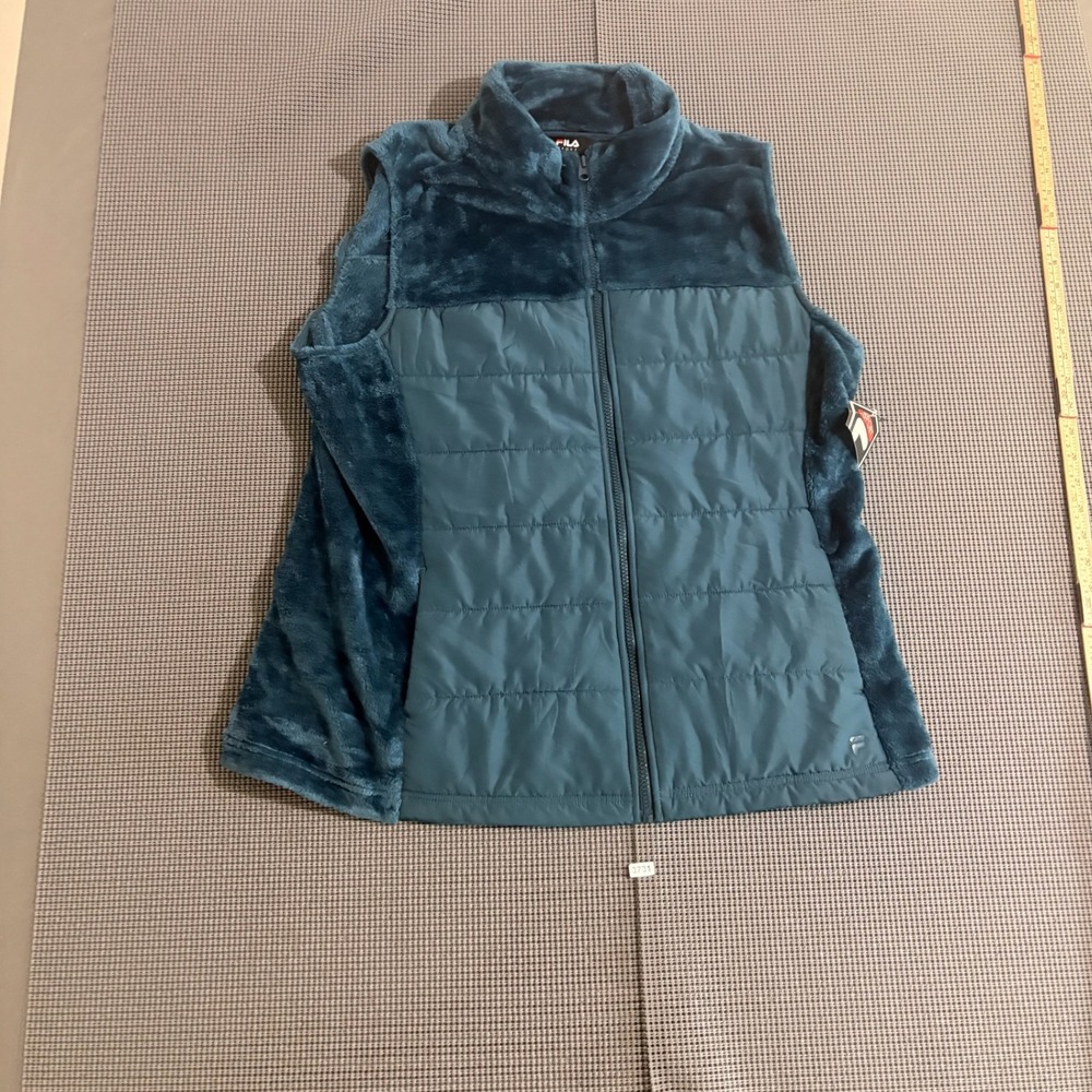 Fila Sport Womens Teal Blue Mixed Media Puffer Fleece Vest XL NWT